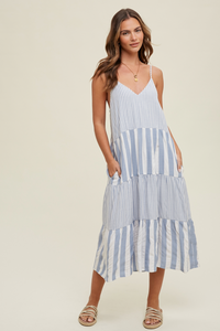 Wishlist Tiered Multi-Striped Midi Dress, Blue-Dresses-Sunshine and Wine Boutique