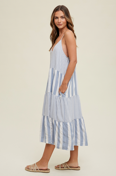 Wishlist Tiered Multi-Striped Midi Dress, Blue-Dresses-Sunshine and Wine Boutique