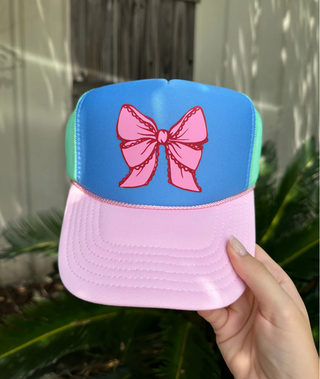 Southern Bliss Pink Lace Bow Carolina Blue Trucker Hat