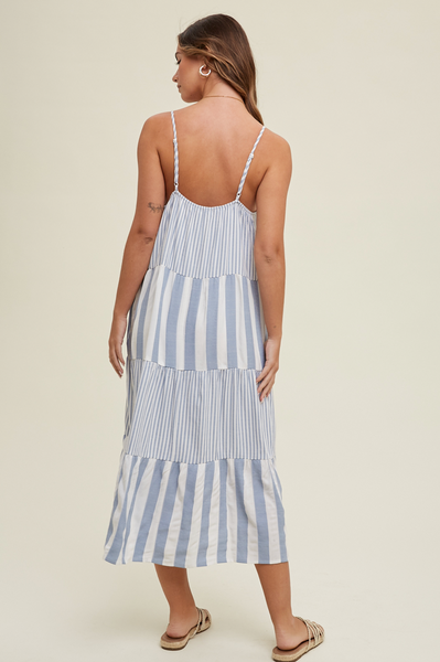 Wishlist Tiered Multi-Striped Midi Dress, Blue-Dresses-Sunshine and Wine Boutique