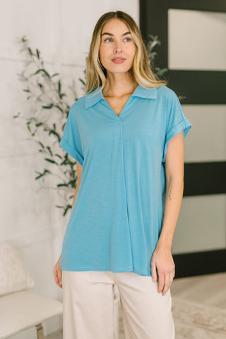 Dear Scarlett Sea You Soon Collared Top in Costal Blue