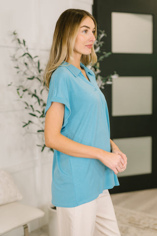 Dear Scarlett Sea You Soon Collared Top in Costal Blue