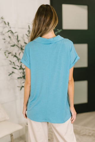 Dear Scarlett Sea You Soon Collared Top in Costal Blue