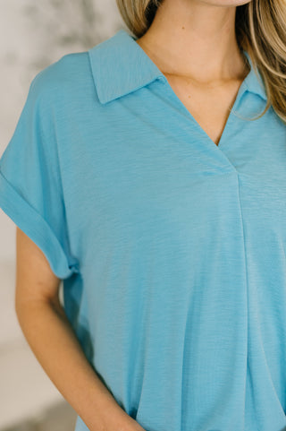 Dear Scarlett Sea You Soon Collared Top in Costal Blue