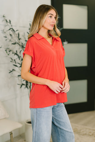 Dear Scarlett Sea You Soon Collared Top in Hot Coral
