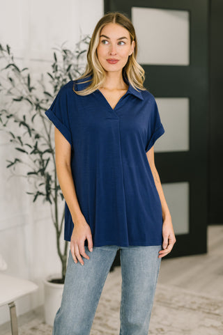 Dear Scarlett Sea You Soon Collared Top in Navy