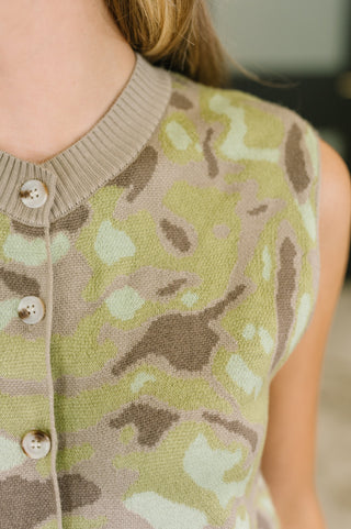 One Eleven North Show Yourself Camo Sleeveless Button Down Top