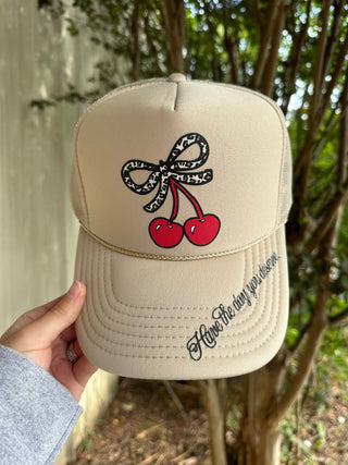 Southern Bliss Have the Day You Deserve Leopard & Cherries Tan Otto Trucker Hat