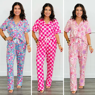Button Front Pajama Pant Set in Three Prints