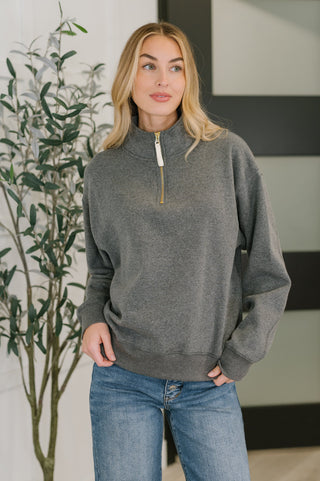 Zenana Sweater Weather Half Zip High Neck Pullover in Charcoal