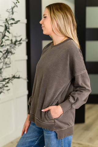 Zenana Talk Cozy to Me Stepped Hem Pullover in Brown
