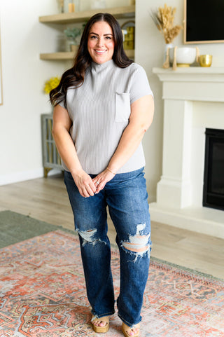 One Eleven North This Little Life Mock Neck Short Sleeve Sweater in Grey