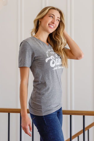 Sew In Love To The Window Graphic V Neck Tee In Gray