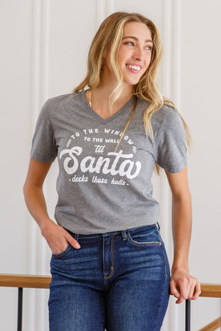 Sew In Love To The Window Graphic V Neck Tee In Gray