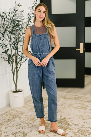 Haptics Too Cute to Compute Waist Tie Overalls in Dark Blue