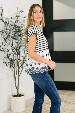 Kori Too Sweet to Share Scalloped Hem Blouse in Ivory and Navy