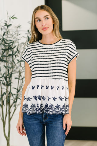 Kori Too Sweet to Share Scalloped Hem Blouse in Ivory and Navy