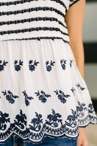Kori Too Sweet to Share Scalloped Hem Blouse in Ivory and Navy
