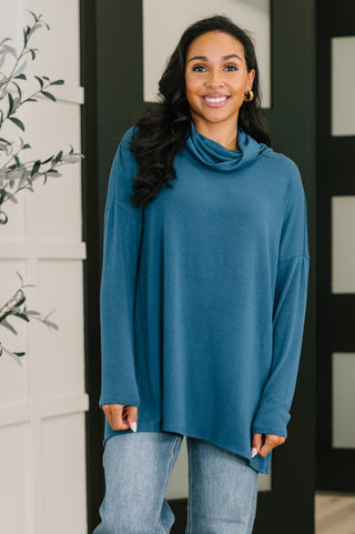 Dear Scarlett Travel Destination Cowl Neck Pullover in Dark Teal