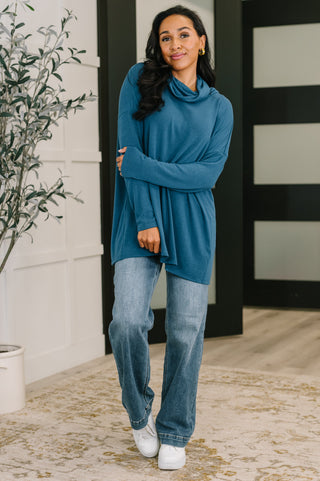 Dear Scarlett Travel Destination Cowl Neck Pullover in Dark Teal