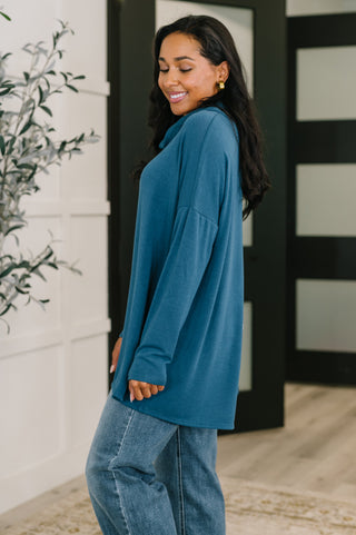 Dear Scarlett Travel Destination Cowl Neck Pullover in Dark Teal