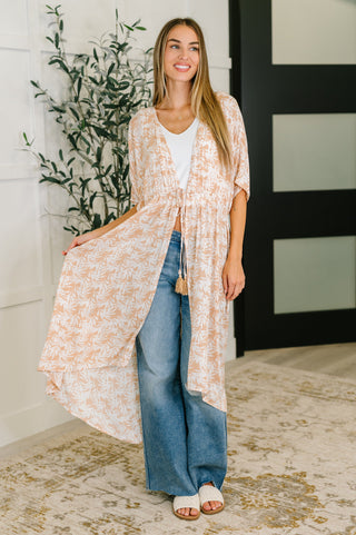 Heyson Tropical Print Gauze Kimono with Elastic Waist Tie in Milk Tea