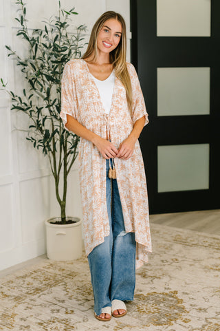Heyson Tropical Print Gauze Kimono with Elastic Waist Tie in Milk Tea