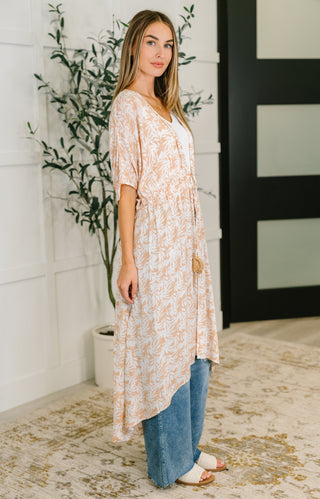 Heyson Tropical Print Gauze Kimono with Elastic Waist Tie in Milk Tea