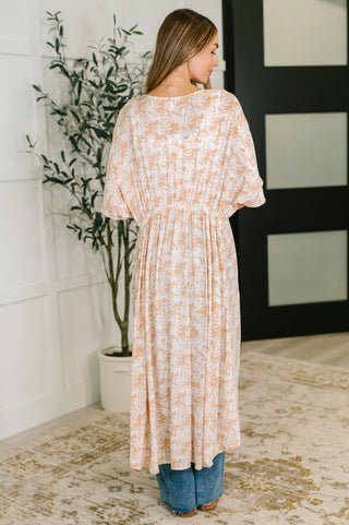 Heyson Tropical Print Gauze Kimono with Elastic Waist Tie in Milk Tea