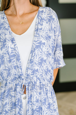 Heyson Tropical Print Gauze Kimono with Elastic Waist Tie in Periwinkle