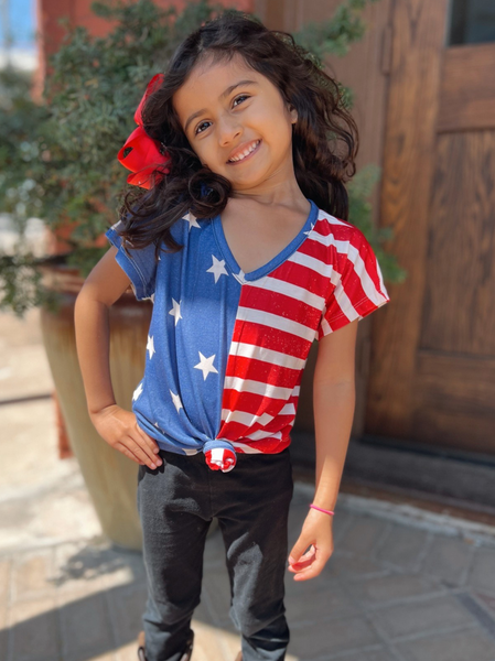 Southern Grace Girl's patriotic stars and stripes short sleeve with front knot-Baby & Toddlers Tops-Sunshine and Wine Boutique
