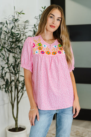 One Eleven North Wander Bloom Embroidered Puff Sleeve Blouse in Pink