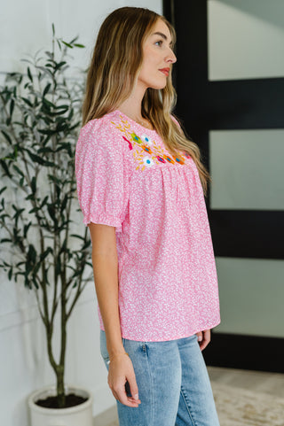 One Eleven North Wander Bloom Embroidered Puff Sleeve Blouse in Pink