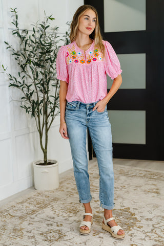 One Eleven North Wander Bloom Embroidered Puff Sleeve Blouse in Pink