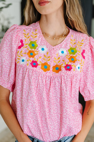 One Eleven North Wander Bloom Embroidered Puff Sleeve Blouse in Pink