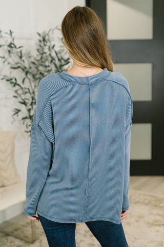 Zenana Wander & Rest Cable Ribbed Knit Drop Shoulder Top in Dusty Blue