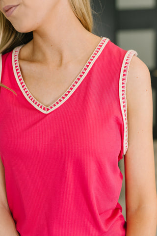 Dear Scarlett Whisper Trim Detailed V-Neck Tank in Hot Pink