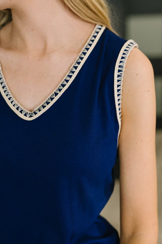 Dear Scarlett Whisper Trim Detailed V-Neck Tank in Navy