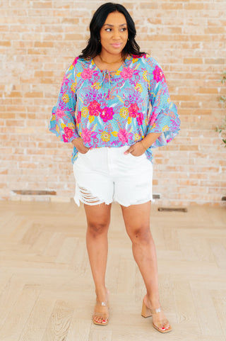 Dear Scarlett Willow Bell Sleeve Top in Bright Blue Floral