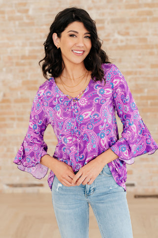 Dear Scarlett Willow Bell Sleeve Top in Lavender Paisley