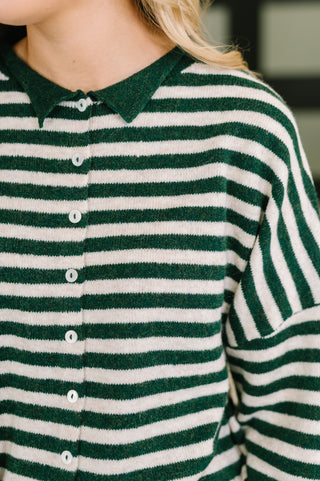 Zenana Won't Be Long Collared Sweater Button Down in in Hunter Green