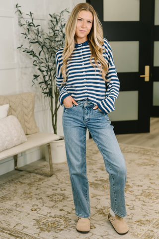 Zenana Won't Be Long Collared Sweater Button Down in Navy