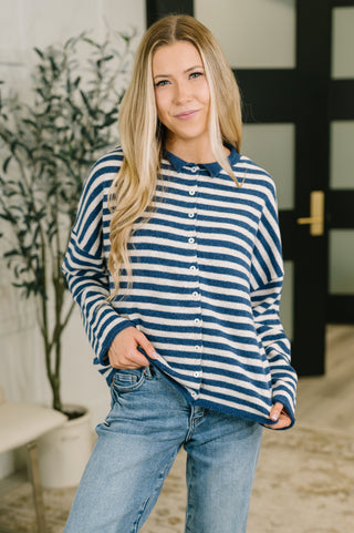 Zenana Won't Be Long Collared Sweater Button Down in Navy