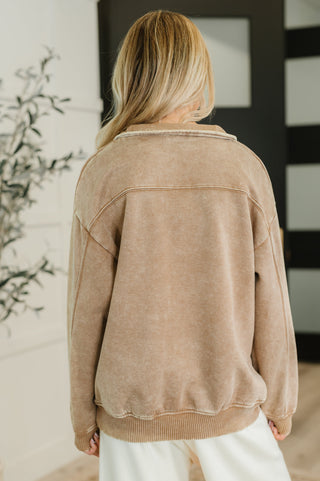 Zenana You Should Know Half Zip Pullover in Deep Camel