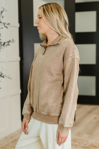 Zenana You Should Know Half Zip Pullover in Deep Camel