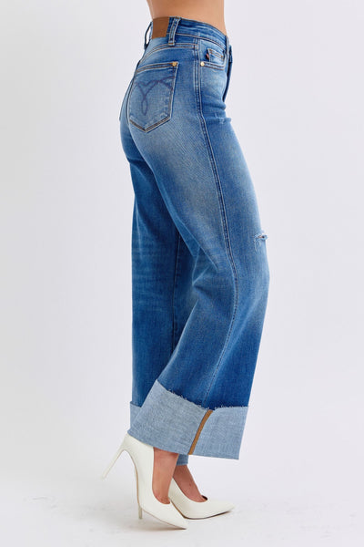 Judy Blue High Waist Retro Distressed Cuffed Wide Leg Jeans 82636 - Exclusive-Jeans-Sunshine and Wine Boutique