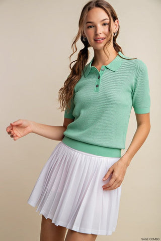 Kori Soft Thermal Texture Two Colors Thread Polo Shirt Sweater in Sage