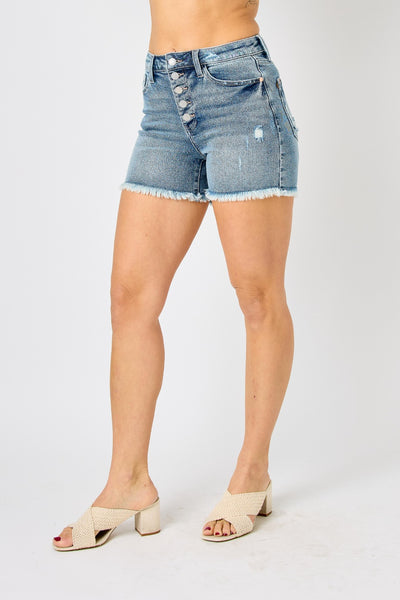 Judy Blue Full Size Button Fly Raw Hem Denim Shorts - Exclusive-Shorts-Sunshine and Wine Boutique
