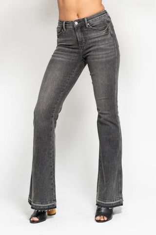 Judy Blue Full Size Mid Rise Tummy Control Washed Gray Release Hem Flare Jeans Plus Size