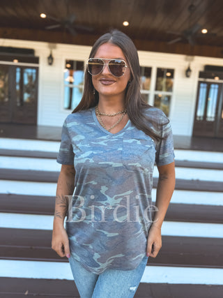Birdie Soft Style V Neck Pocket Tee in Army Camo